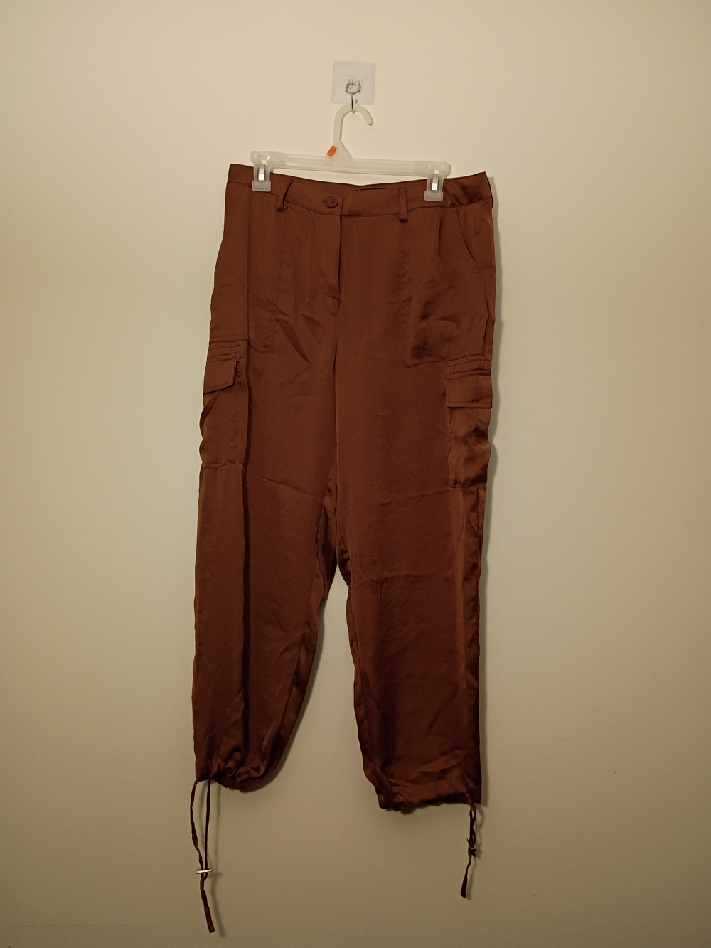 Women Bronze Silky Cargo Pants with Drawstring Ankles